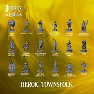 Collection of miniature figurines labeled 'Heroic Townsfolk' on a yellow background with 'Wildspire Miniatures' branding.