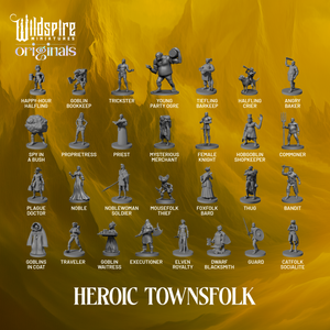 Collection of miniature figurines labeled with names on a yellow gradient background, featuring Wildspire Miniatures branding.