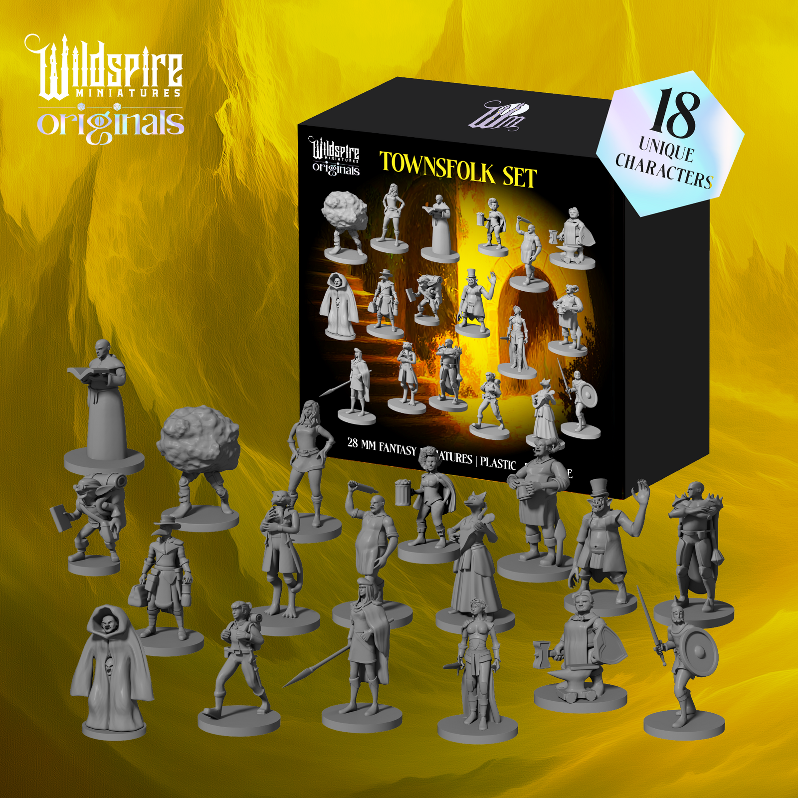 Townfolk set of miniature figures with packaging on a yellow background
