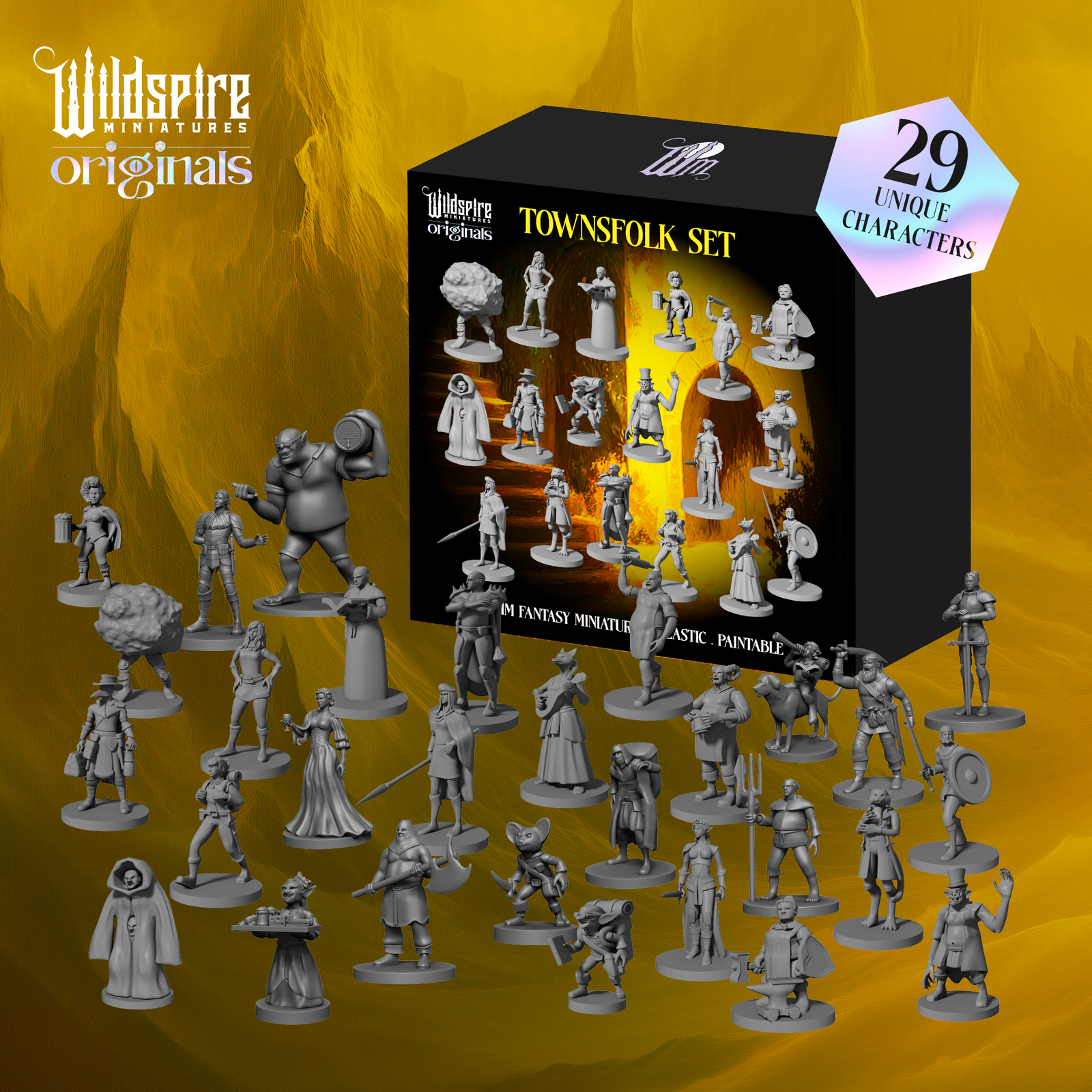 Townfolk set of miniatures with Wildspire Originals packaging on a yellow background